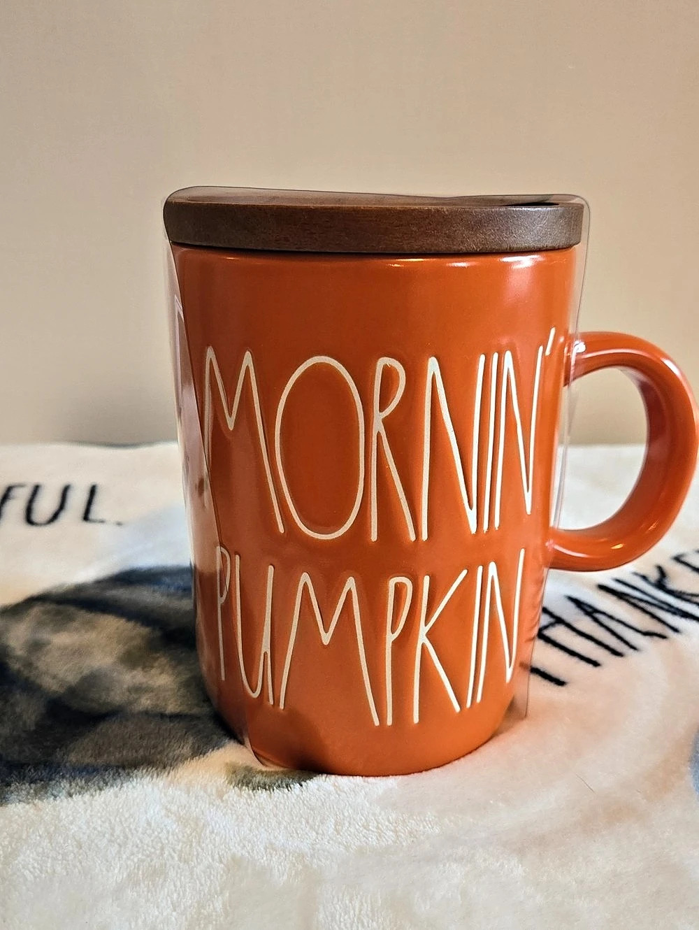 Rae Dunn Artisan Collection Morning Pumpkin mug Orange Mug with Wooden Lid Like
